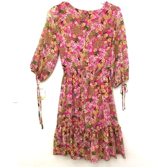 TAYLOR Floral 3/4 Sleeve V-Neck Button Ruffle Trim Smocked Mini Dress Small Sz 4 - Picture 2 of 8